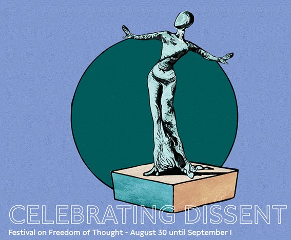 Award statue with Celebrating Dissent festival on freedom of thought text